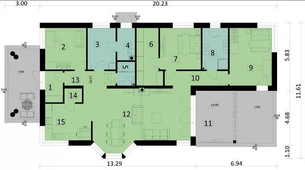 Rzut parteru POW. 165,8 m²