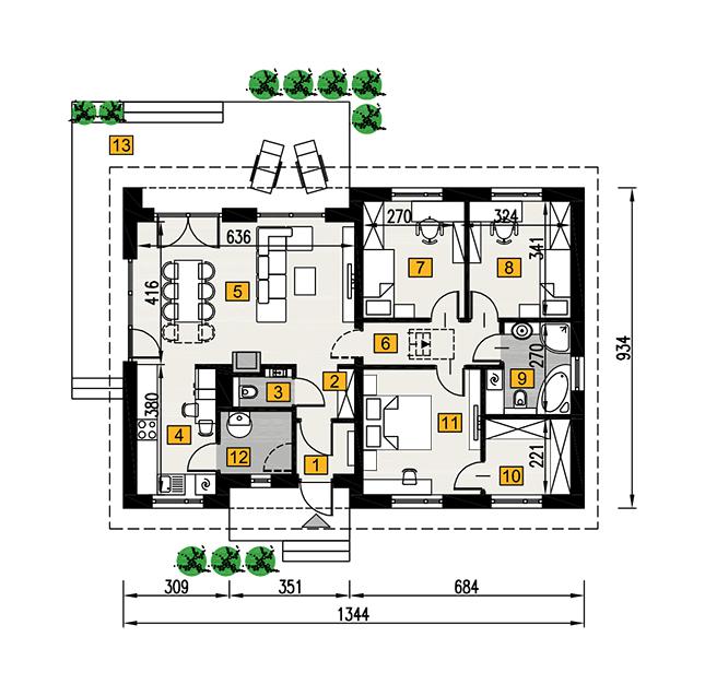 Rzut parteru POW. 93,1 m²