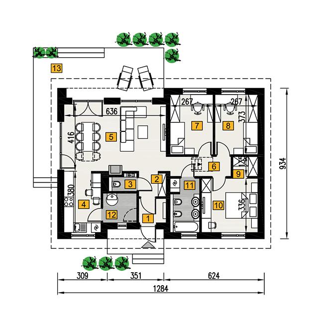 Rzut parteru POW. 88,7 m²