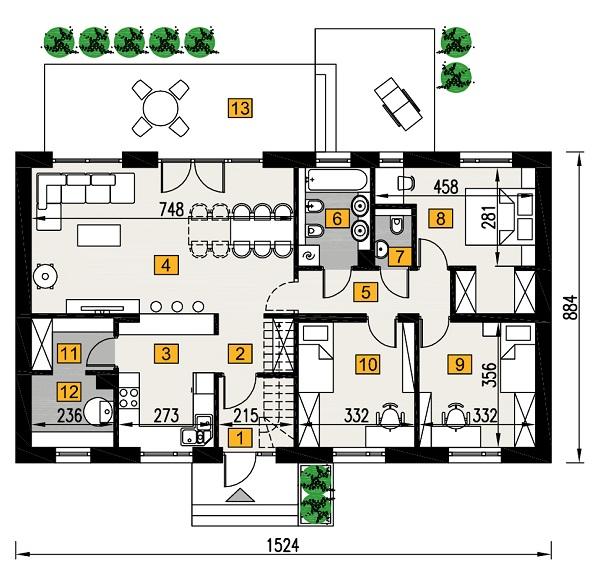 Rzut parteru POW. 105,5 m²