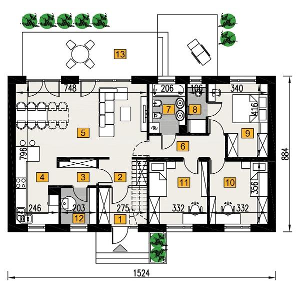 Rzut parteru POW. 105,7 m²