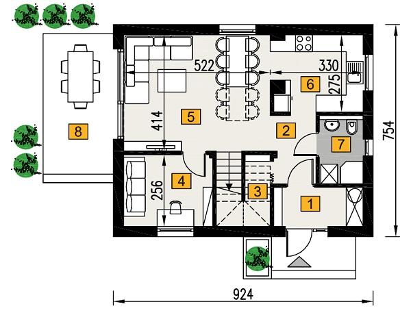 Rzut parteru POW. 51,9 m²