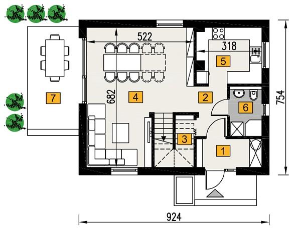 Rzut parteru POW. 52,1 m²