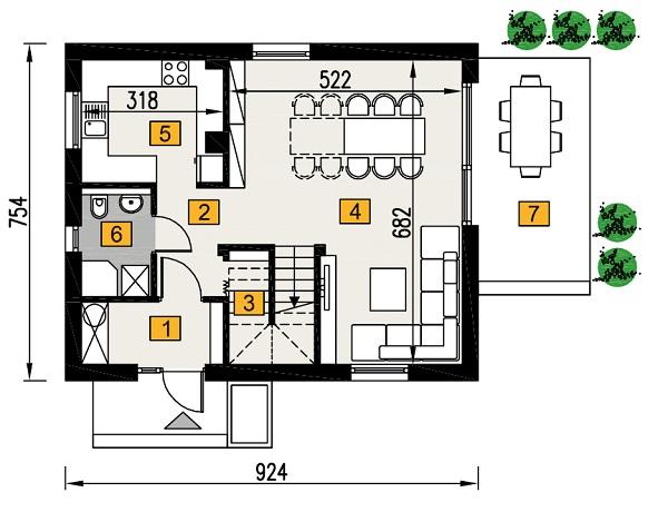 Rzut parteru lustro POW. 52,1 m²
