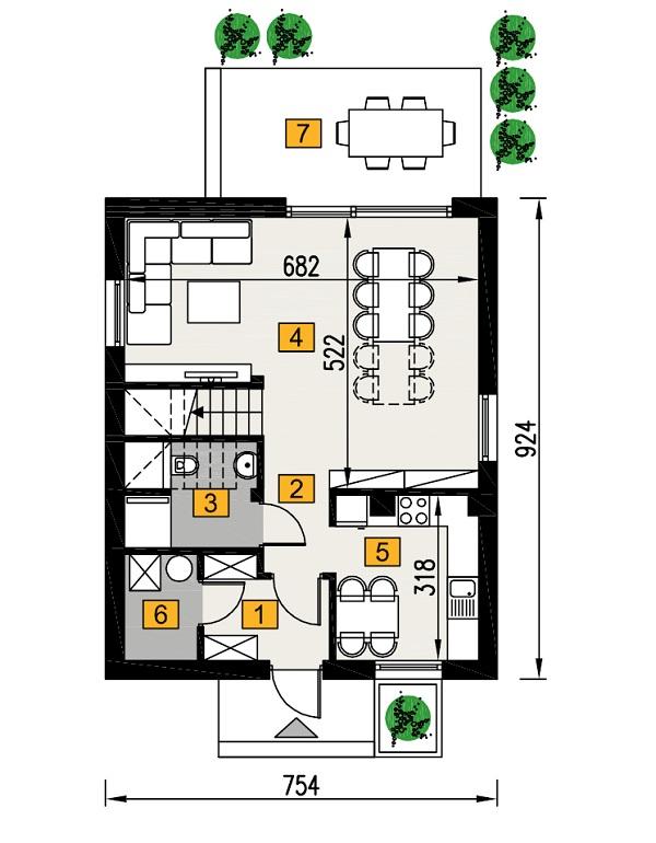 Rzut parteru POW. 51,9 m²