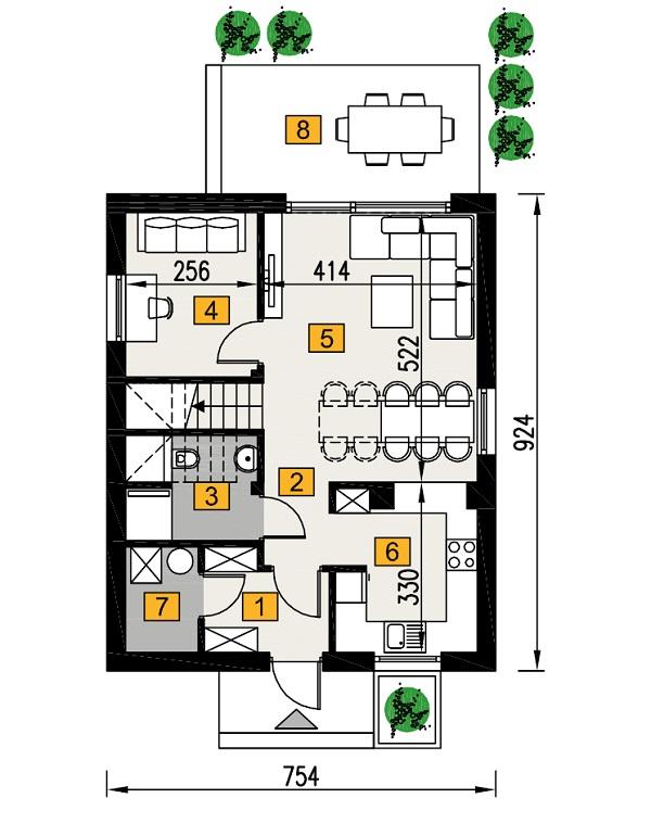 Rzut parteru POW. 51,8 m²