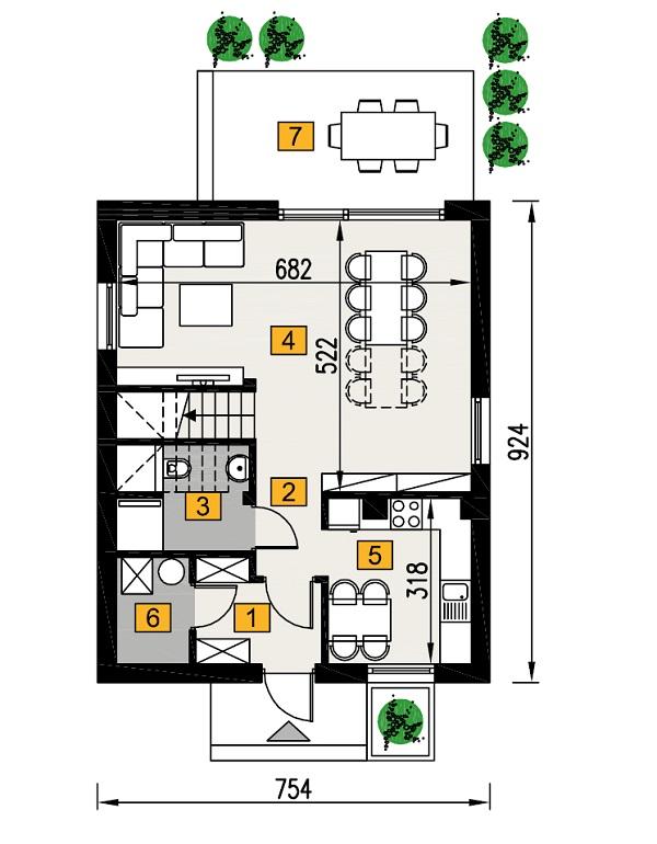 Rzut parteru POW. 51,9 m²