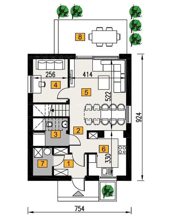 Rzut parteru POW. 51,8 m²
