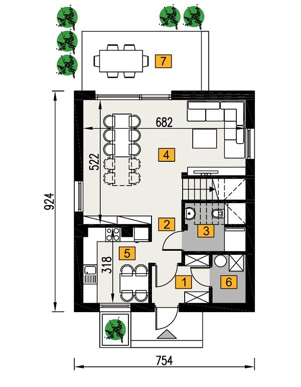 Rzut parteru lustro POW. 51,9 m²