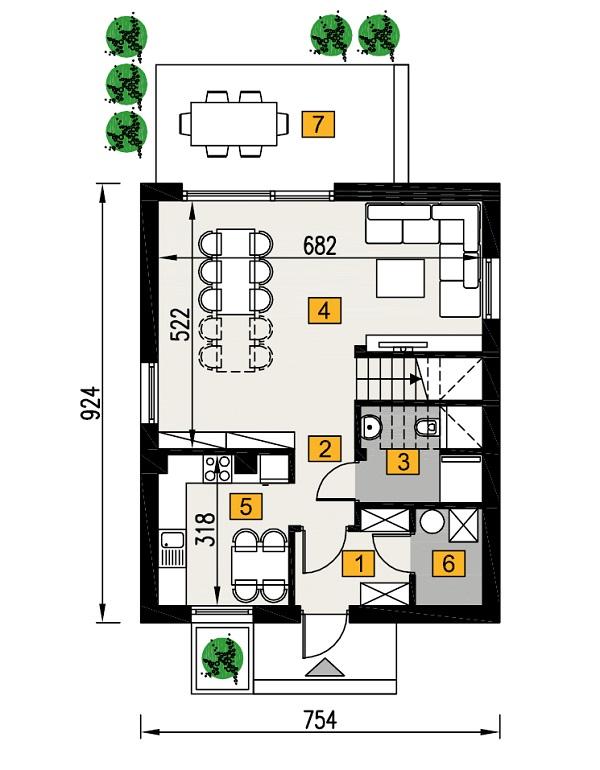 Rzut parteru lustro POW. 51,9 m²