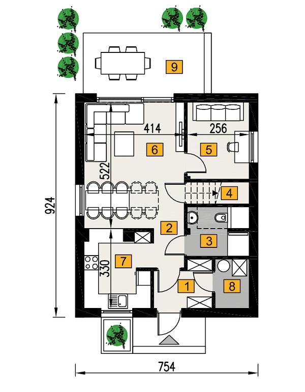 Rzut parteru lustro POW. 54,0 m²