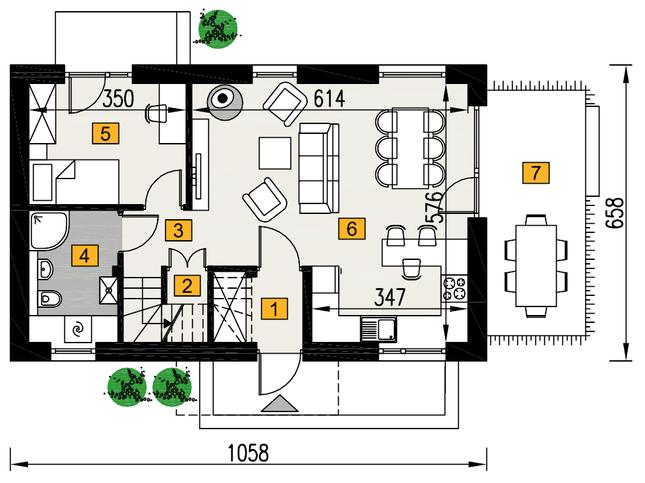 Rzut parteru POW. 51,8 m²