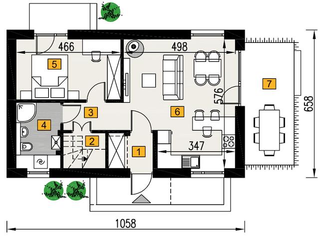 Rzut parteru POW. 52,9 m²