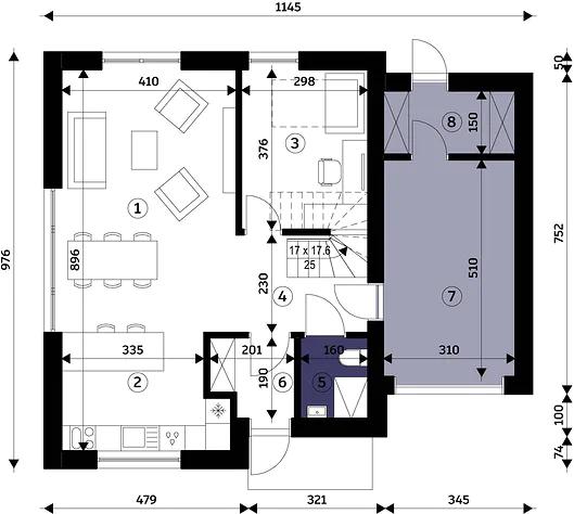 Rzut parteru POW. 79,9 m²