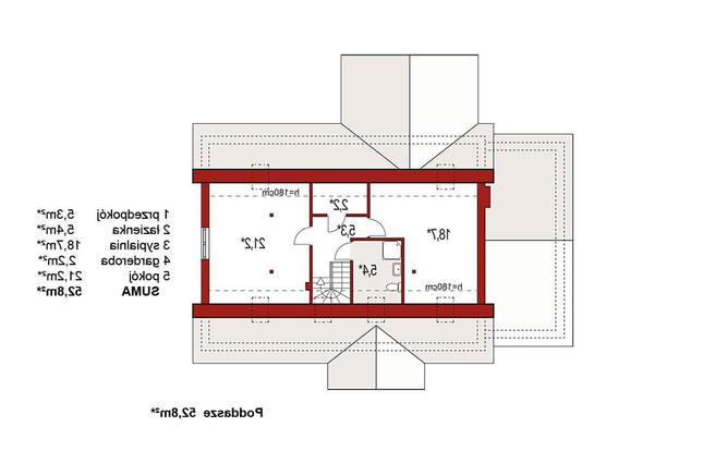 Rzut poddasza lustro: do indywidualnej adaptacji (52,8 m2 powierzchni użytkowej)