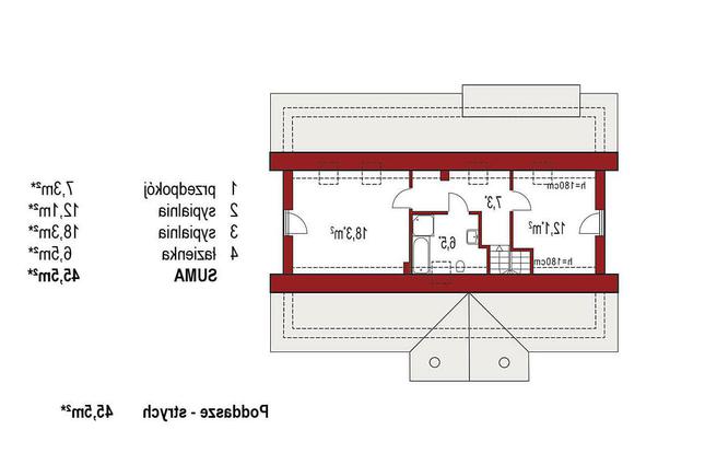Rzut poddasza lustro: do indywidualnej adaptacji (45,5 m2 powierzchni użytkowej)