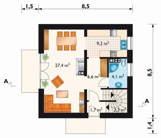 Rzut parteru lustro POW. 51,3 m²