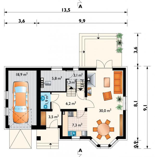 Rzut parteru POW. 80,8 m²