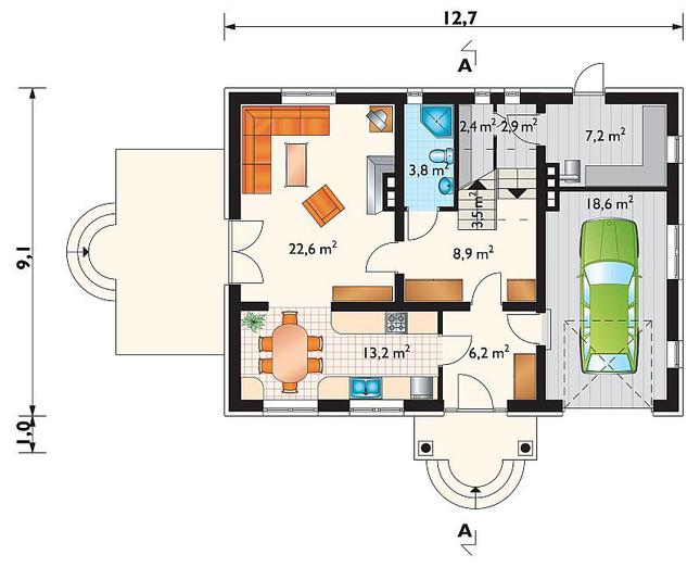 Rzut parteru POW. 89,3 m²