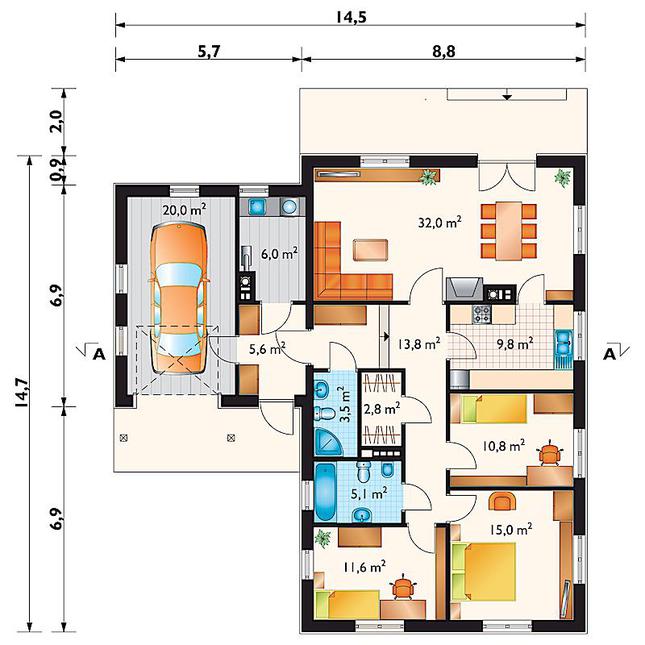 Rzut parteru POW. 136,0 m²