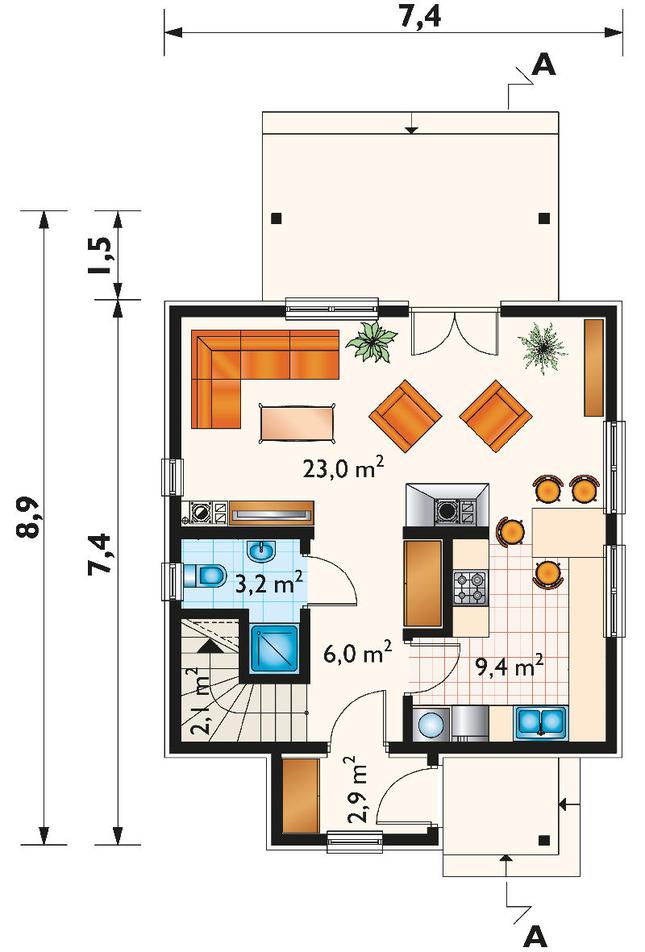 Rzut parteru POW. 46,7 m²