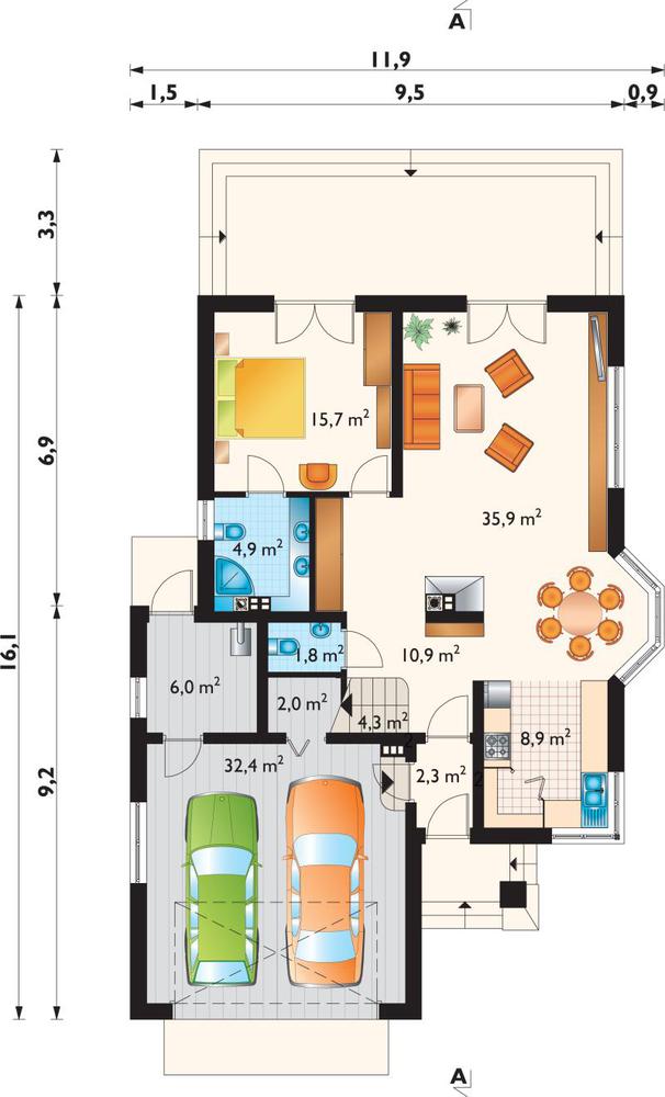 Rzut parteru POW. 125,1 m²