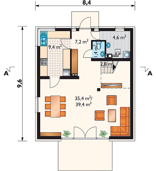 Rzut parteru POW. 64,8 m²