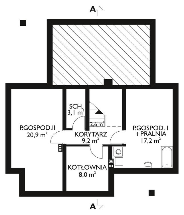 Rzut piwnicy lustro POW. 51,0 m²