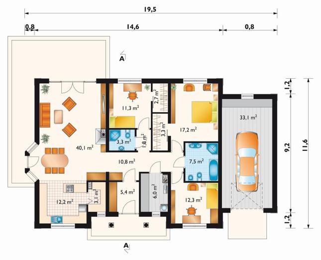 Rzut parteru POW. 170,1 m²