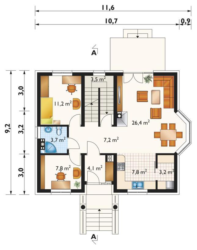 Rzut parteru POW. 74,9 m²