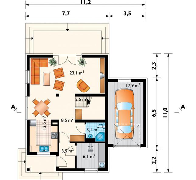 Rzut parteru POW. 77,2 m²