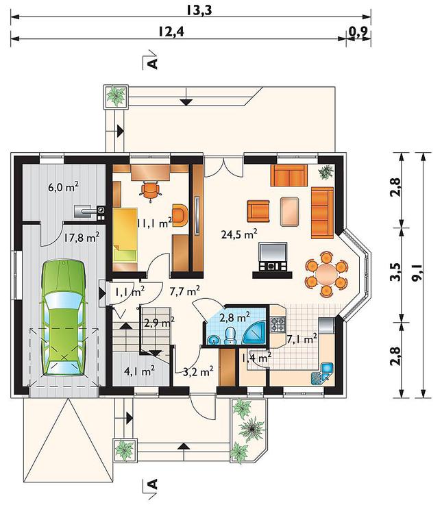 Rzut parteru POW. 89,7 m²
