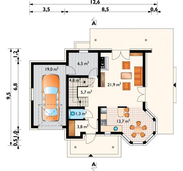 Rzut parteru POW. 76,7 m²