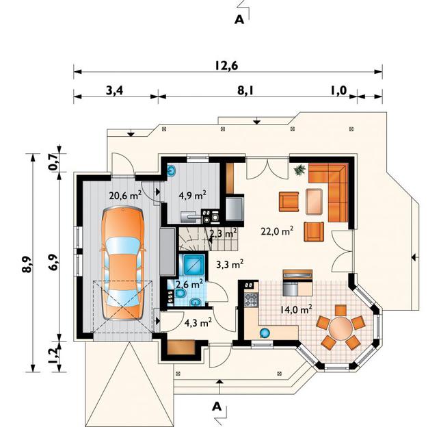Rzut parteru POW. 74,0 m²