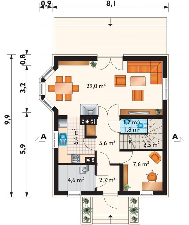 Rzut parteru lustro POW. 60,2 m²