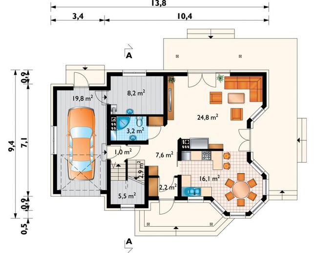 Rzut parteru POW. 91,3 m²