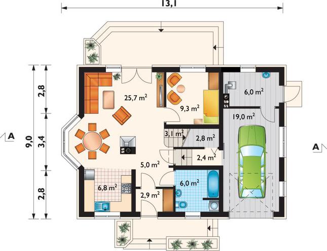 Rzut parteru POW. 89,0 m²