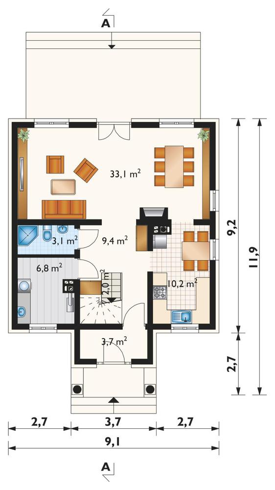 Rzut parteru POW. 71,3 m²