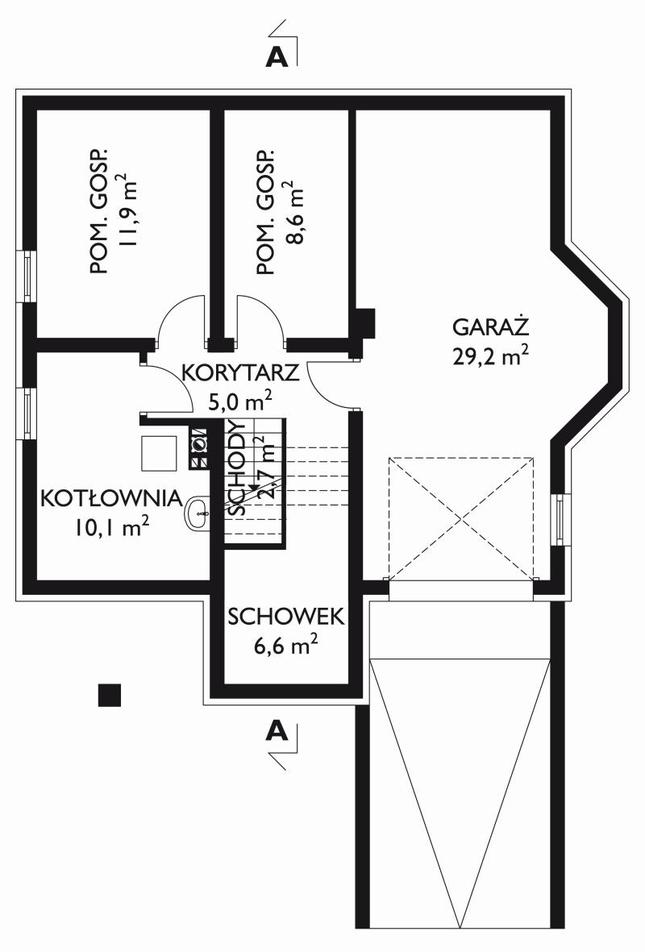 Rzut piwnicy lustro POW. 74,1 m²