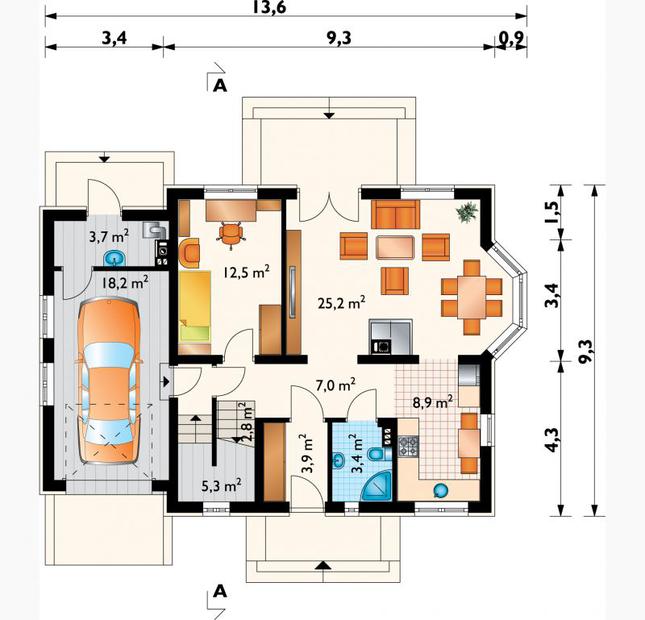 Rzut parteru POW. 90,9 m²
