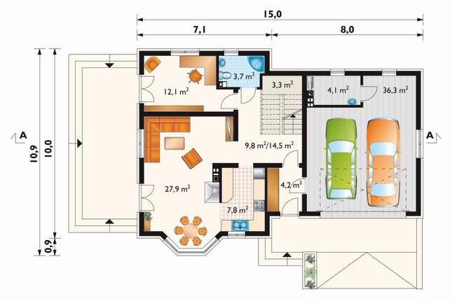 Rzut parteru lustro POW. 113,9 m²