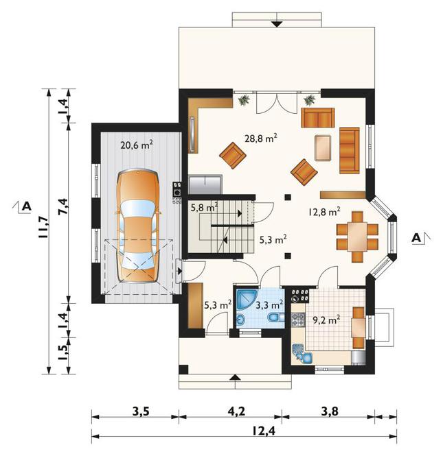 Rzut parteru POW. 92,9 m²