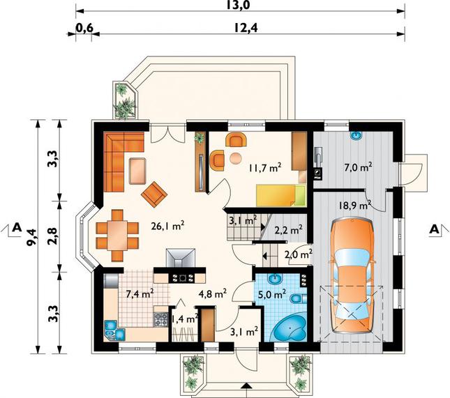 Rzut parteru POW. 92,7 m²