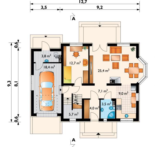 Rzut parteru POW. 92,4 m²