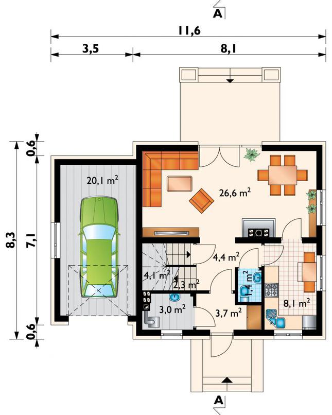 Rzut parteru POW. 73,4 m²