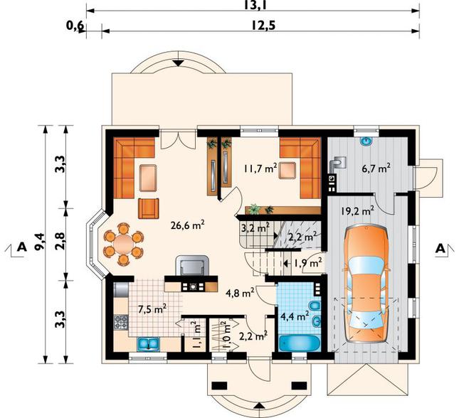 Rzut parteru POW. 92,5 m²