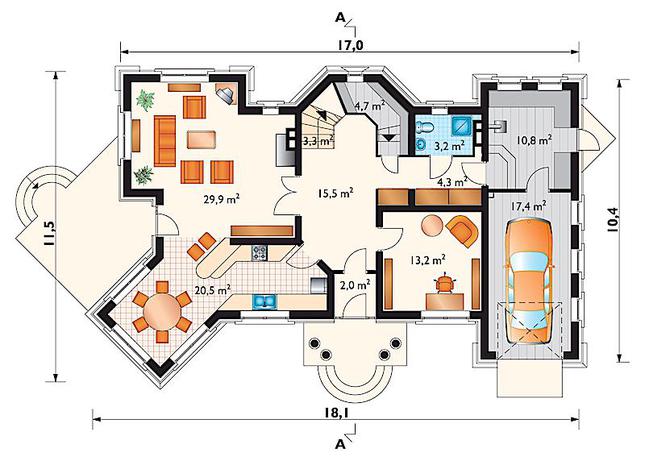 Rzut parteru POW. 124,8 m²