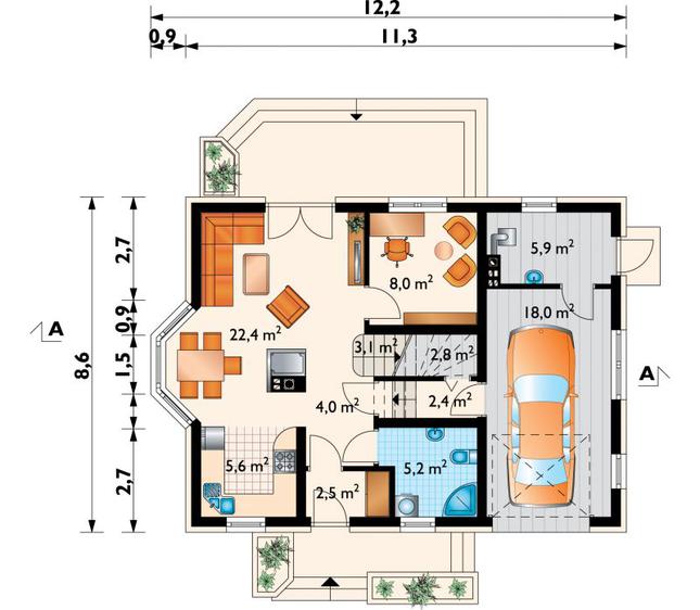 Rzut parteru POW. 79,9 m²