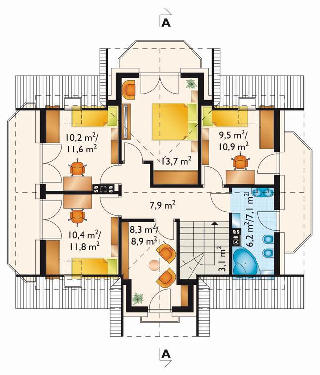 Rzut poddasza lustro POW. 74,9 m²