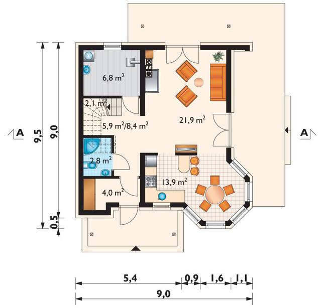 Rzut parteru POW. 59,9 m²